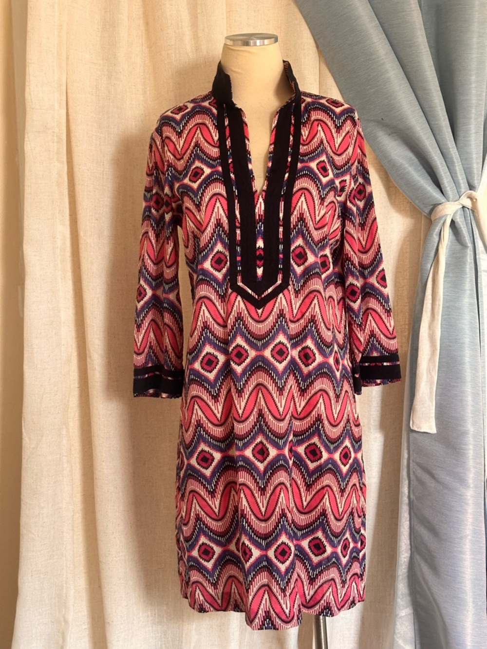 Tory Burch Multicolor Geometric Cotton Tunic Dress with Orange Logo Tag